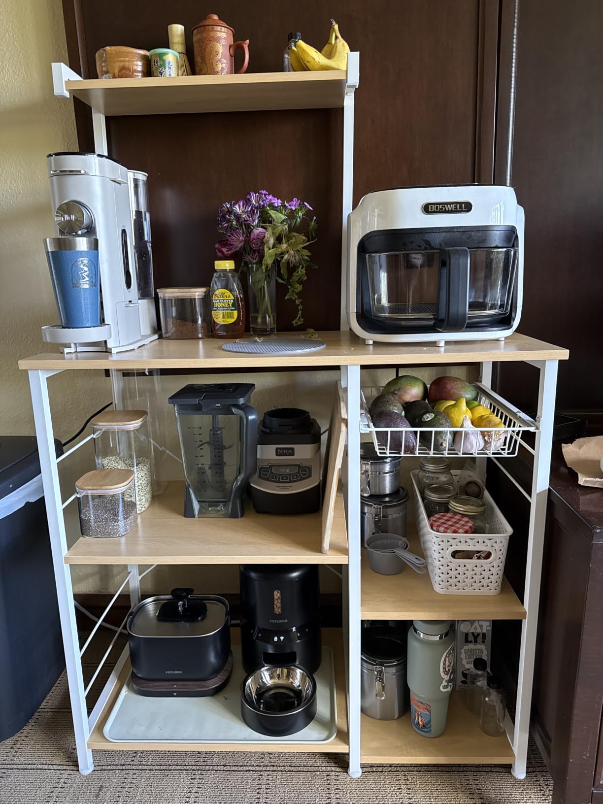 VASAGLE Baker's Rack, Microwave Stand, Kitchen Storage Rack with Wire Basket, 6 Hooks, and Shelves, for Spices, Pots, and Pans, Golden Oak and Cloud White UKKS035W09 customer photo 2