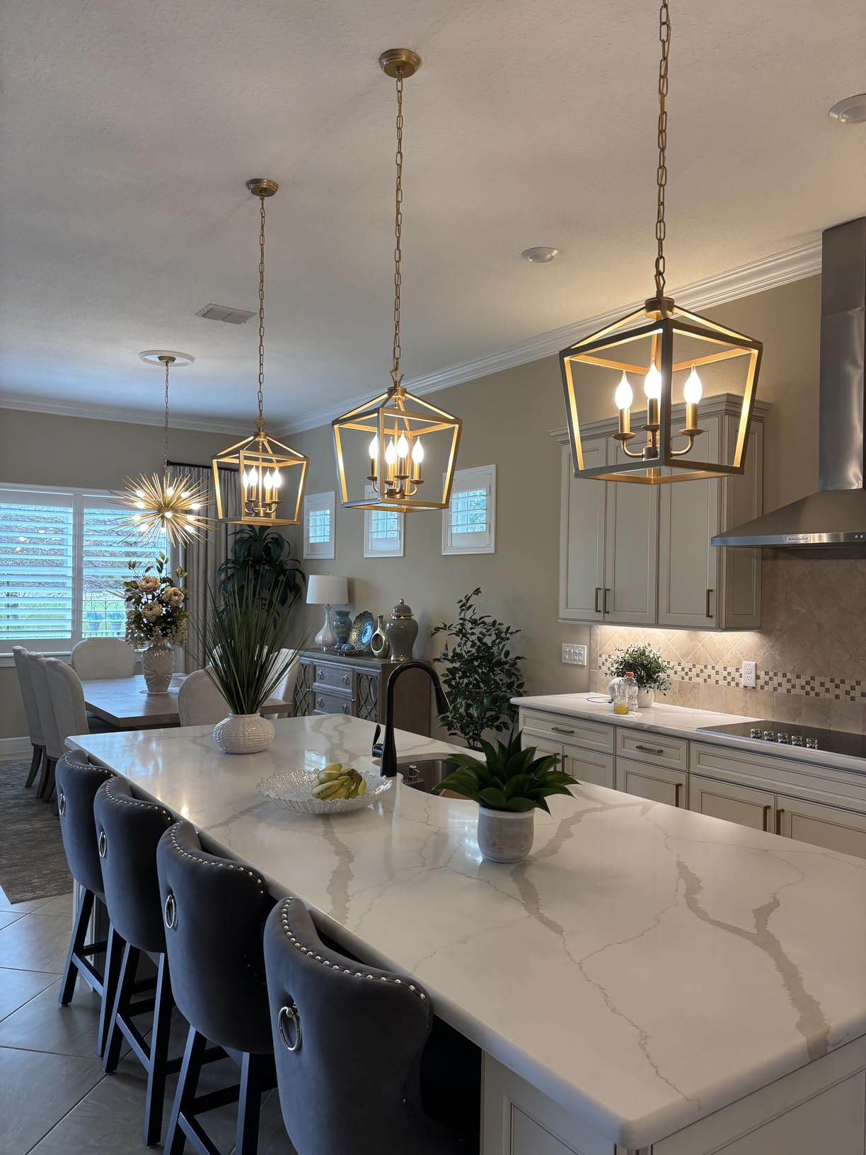 Industrial 4 Lights Chandelier, Gold Lantern Ceiling Light Fixtures with Rustic Metal Cage Adjustable Height Farmhouse Geometric Hanging Light for Kitchen Island, Dining Room, Entryway, UL Listed customer photo 2