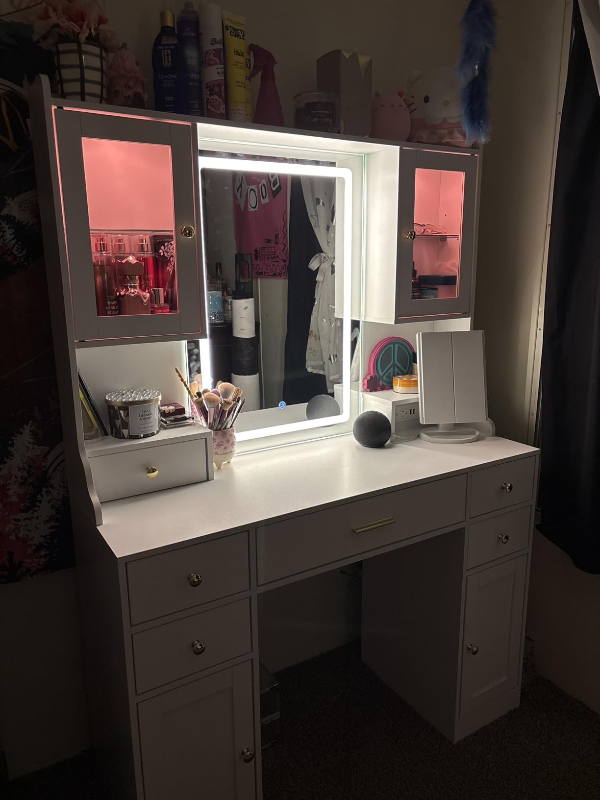CSZZD White Makeup Vanity Desk with LED Mirror & RGB Cabinets customer photo 2