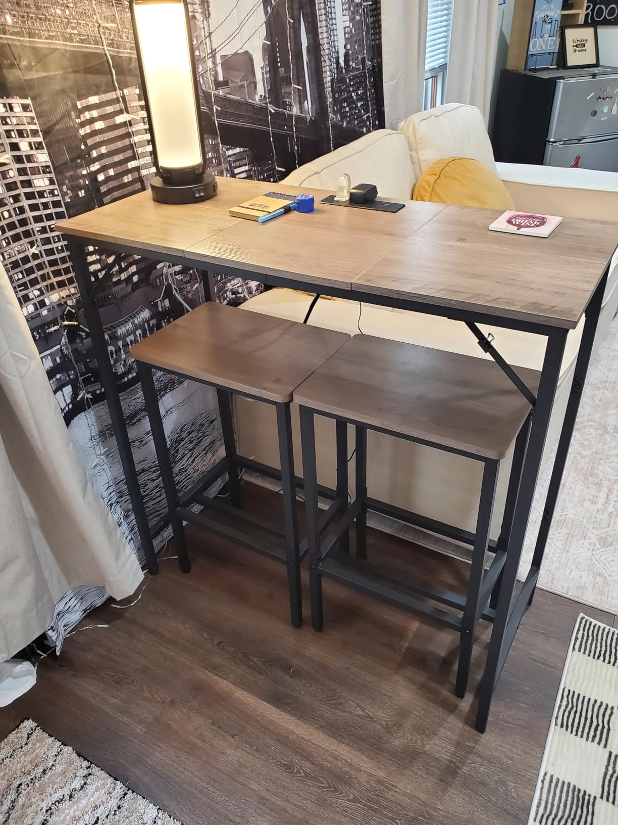 HOOBRO Bar Table with Charging Station, Rectangular Pub Table, High Top Coffee Table, Counter Bar Height Table, Narrow Long Dining Table, 35.4