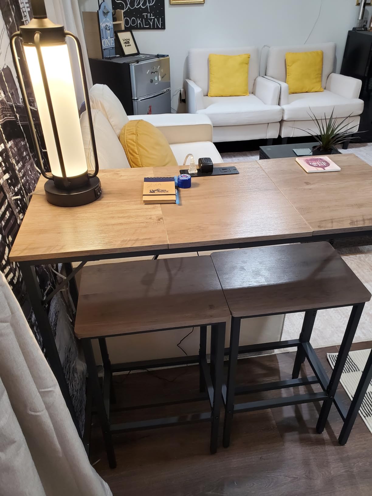 HOOBRO Bar Table with Charging Station, Rectangular Pub Table, High Top Coffee Table, Counter Bar Height Table, Narrow Long Dining Table, 35.4
