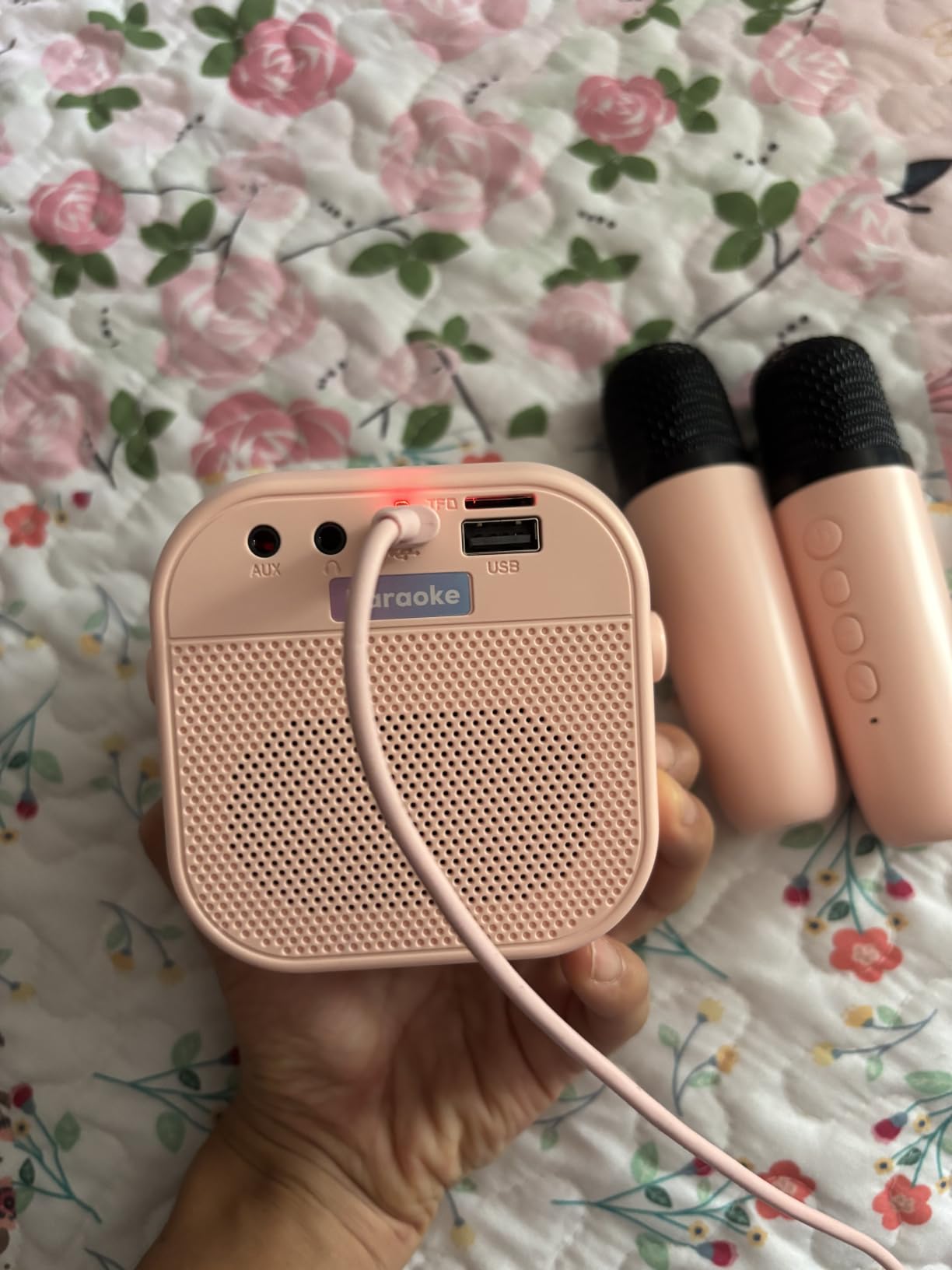 Mini Karaoke Machine,Portable Bluetooth Speaker with 2 Wireless Microphones customer photo 2