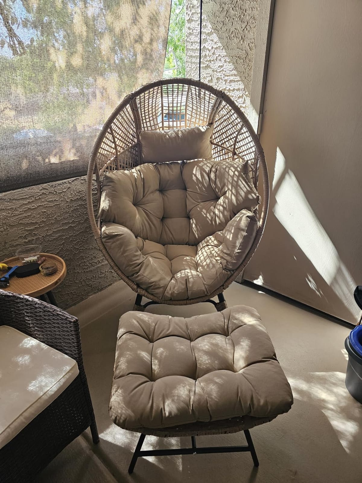 NICESOUL Wicker Egg Chair with Ottoman, Indoor Outdoor Egg Basket Lounge Chair w/Cushion, Oversized Egg Seat with Legs 440 Lbs, Comfy Cozy Boho Style Nest Chair w/Footrest for Patio, Balcony, Beige customer photo 1