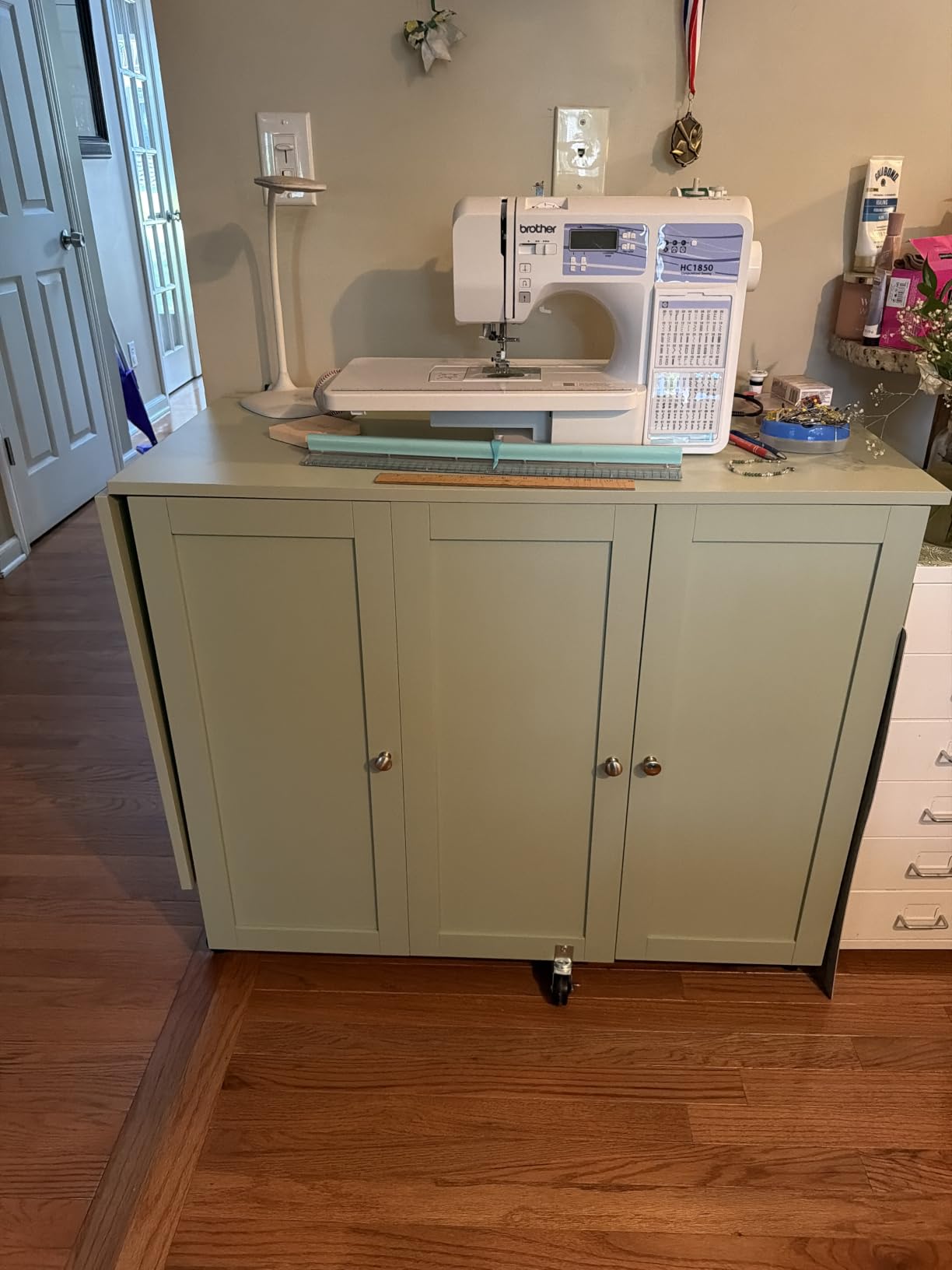 Best Choice Products Large Folding Sewing Table, Multipurpose Portable Craft Station & Side Desk w/Compact Design, Caster Wheels, Storage Shelves, 2 Storage Trays, Magnetic Doors - Natural/White customer photo 1