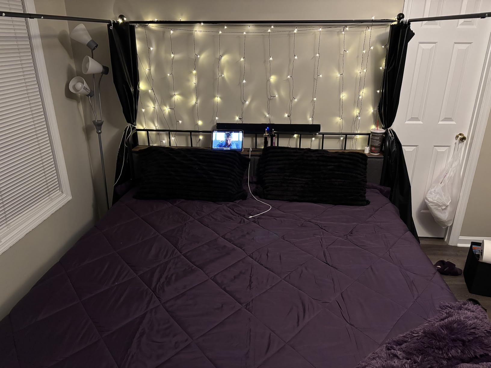 LIKIMIO Queen Canopy Bed Frame, Storage Headboard with Charging Station customer photo 1