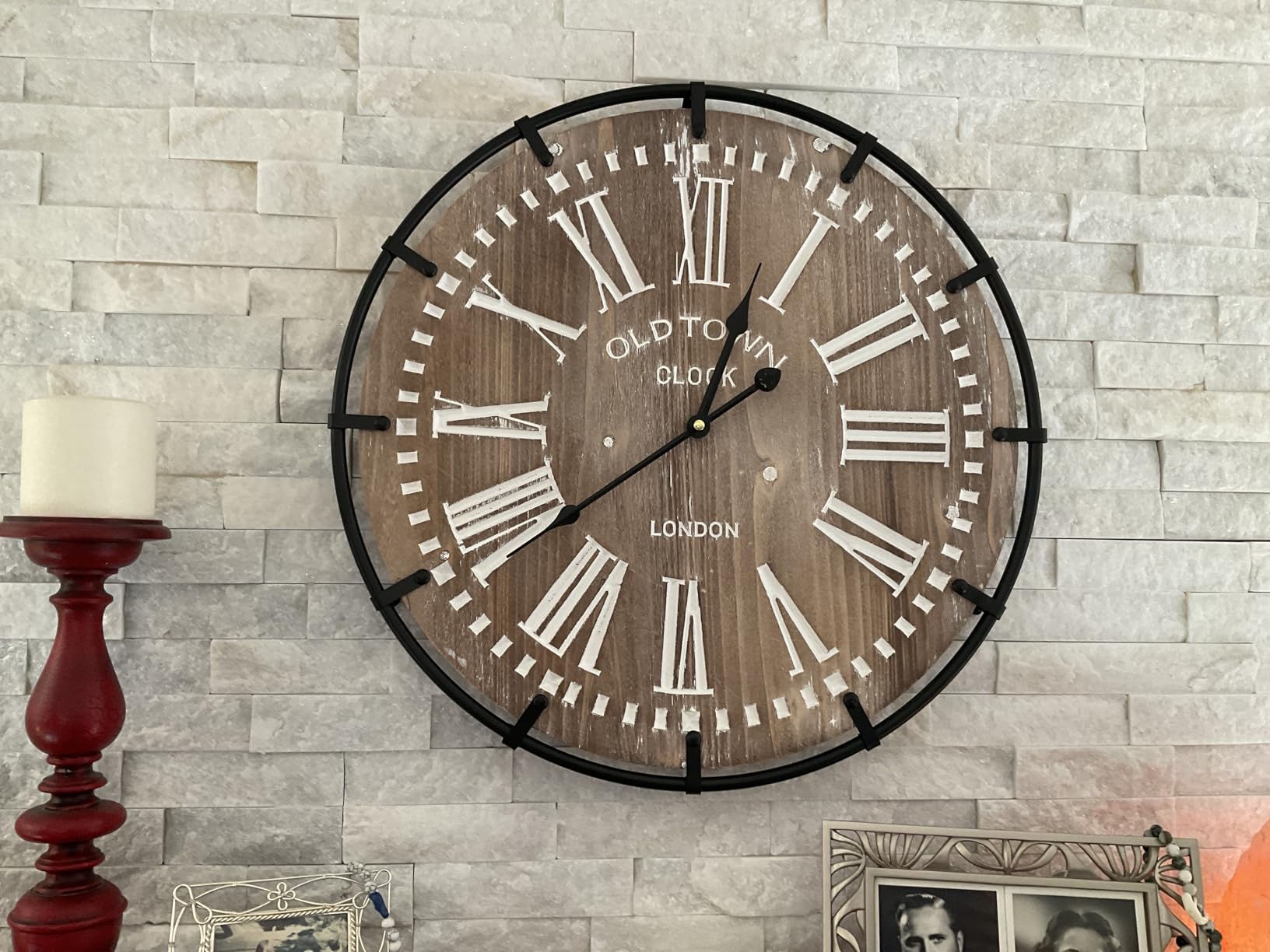 24 Inch Grand Farmhouse Wall Clock, Vintage-Inspired Wood & Metal Design with Large Etched Numbers, Silent Battery-Powered Timepiece for Offices, Kitchens, Bedrooms, and Living Rooms customer photo 2