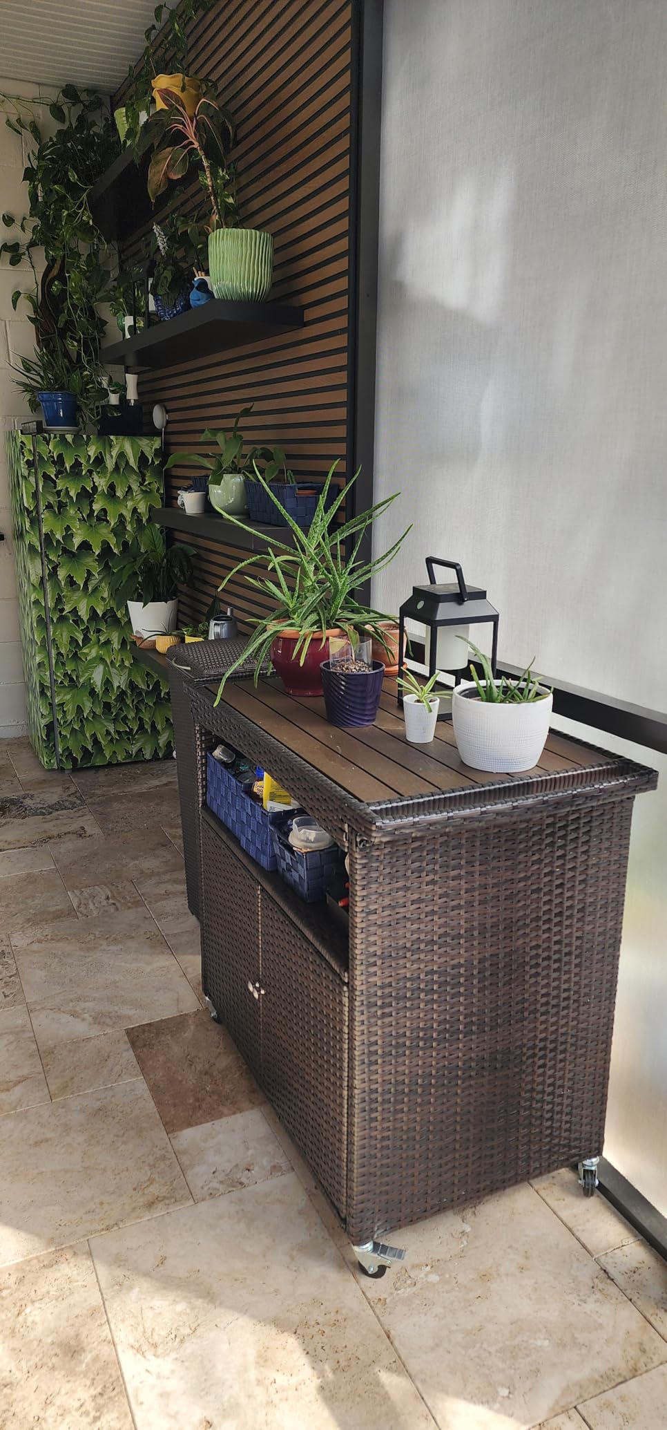 Outdoor Bar Cart with Storage Cabinet Patio Wicker Sideboard Buffet Cabinet Prep Table Outside Kitchen Serving Cart with Rolling Wheels & Handle Rattan Portable Bar Table with Shelves Doors Brown customer photo 2