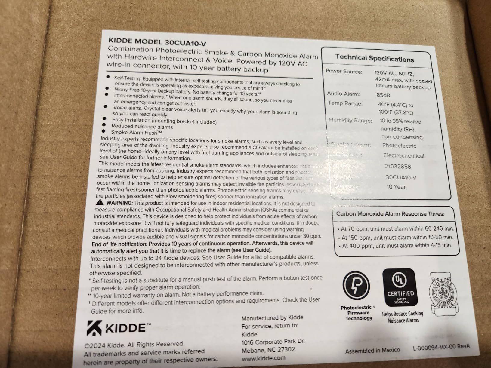 Kidde Smoke and Carbon Monoxide Detector, Hardwired with 10-Year Battery Backup, Voice Alerts, LED, 85 dB, 30CUA10-V, 1 Pack customer photo 1