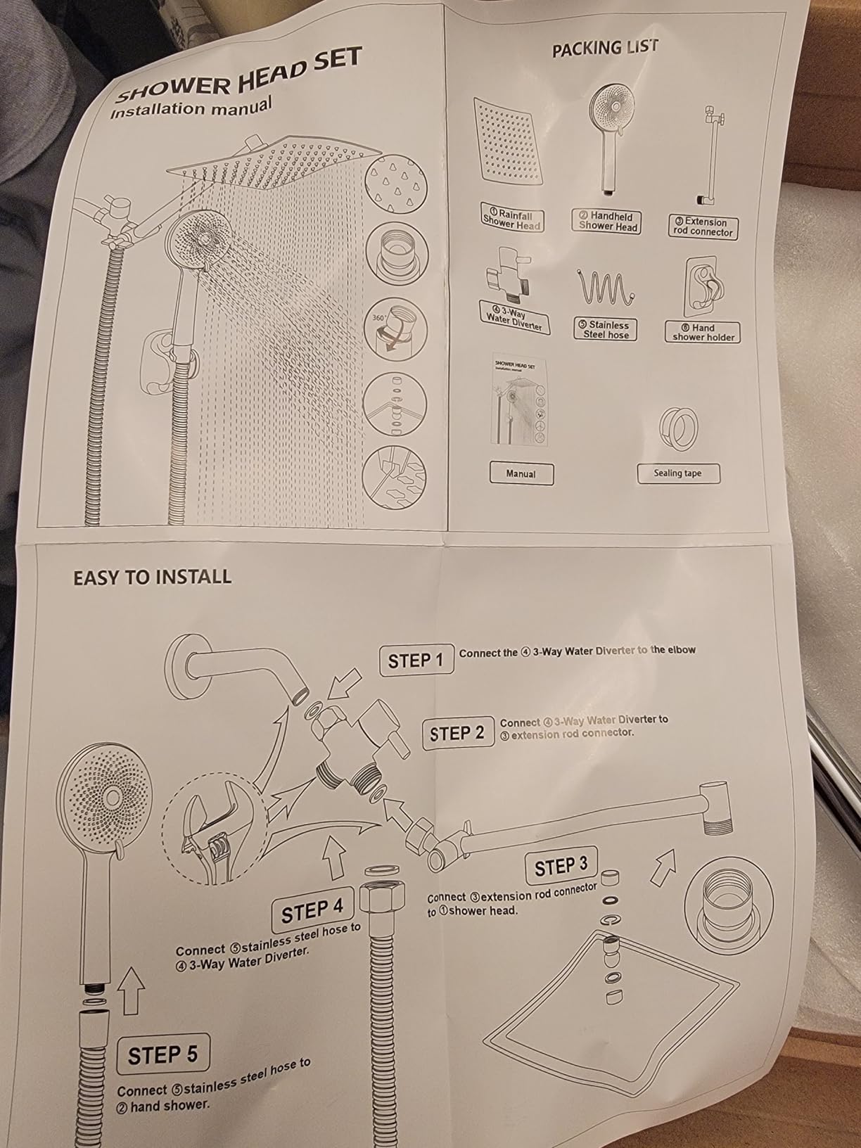 Shower Head, Rain Shower Head with Handheld Spray Combo, 10 Inch Adjustable High Pressure Rainfall Shower Head, Dual Showerhead Set with Extension Arm and 60 Inch Long Shower Hose (Silver) customer photo 2