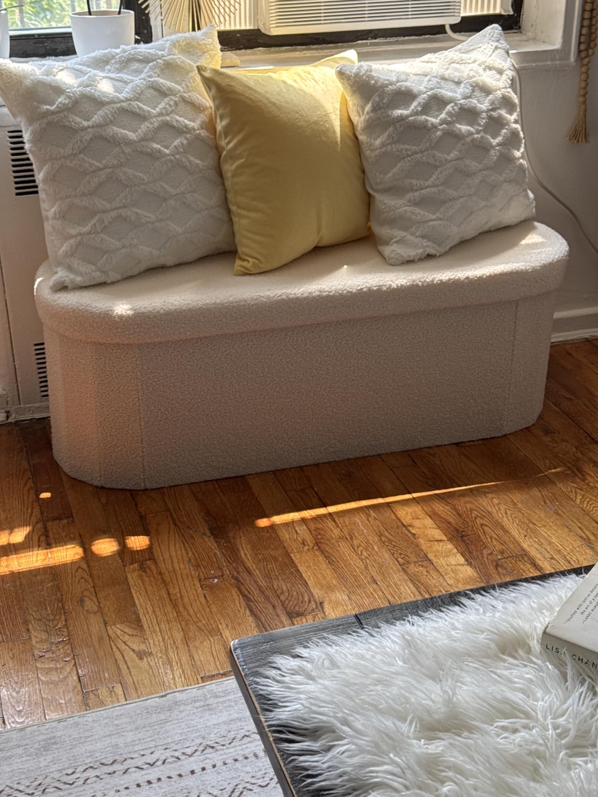 B FSOBEIIALEO Ottoman with Storage for Living Room, Sherpa Folding Storage Ottoman Foot Rest, 43.3 Inches Collapsible Bedroom Bench White Cream customer photo 2