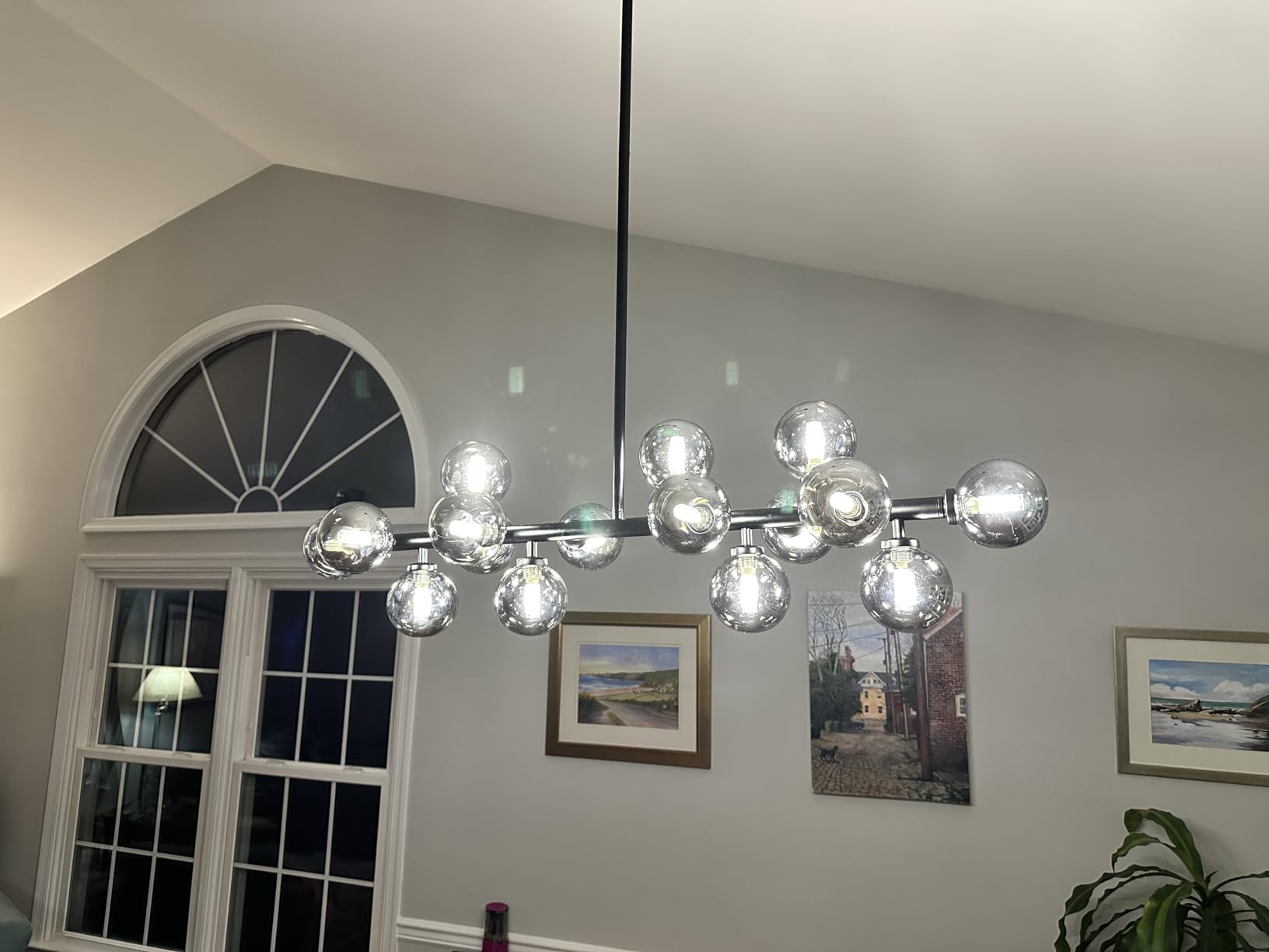 Glass Globe Sputnik Chandelier, 16-Light Mid Century Modern Light Fixture Over Table, Linear Chandeliers for Dining Room, Kitchen Island, Brass Gold and Milk White Bubble, 40 Inch, GC-02 customer photo 2