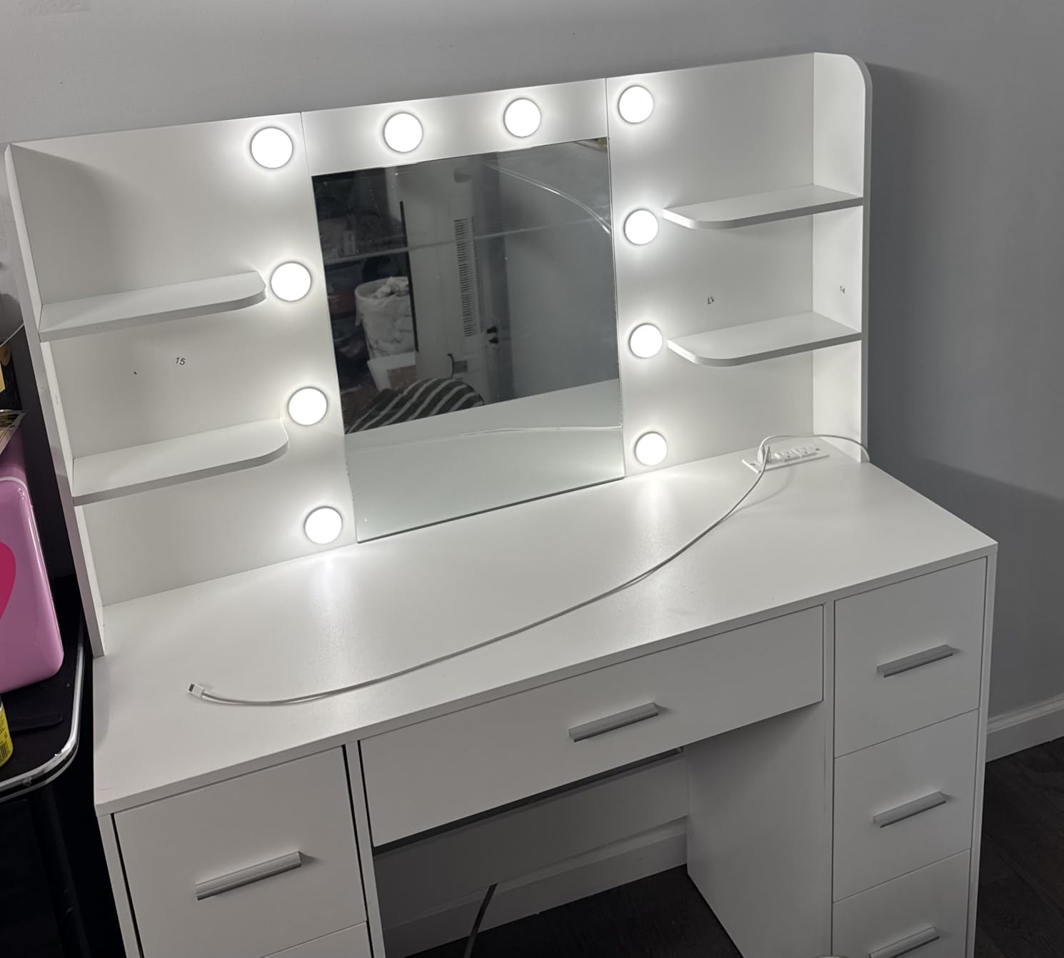 Furmax Vanity Desk with LED Mirror,Power Outlet,7 Drawers Makeup Table customer photo 2