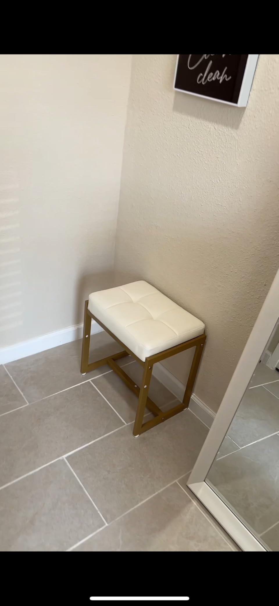 Vanity Stool, Vanity Chair Stools for Makeup Room, Faux Leather Small Makeup Bench, Modern Gold Metal Legs Ottoman Foot Rest for Bedroom Living Room, White & Gold customer photo 1