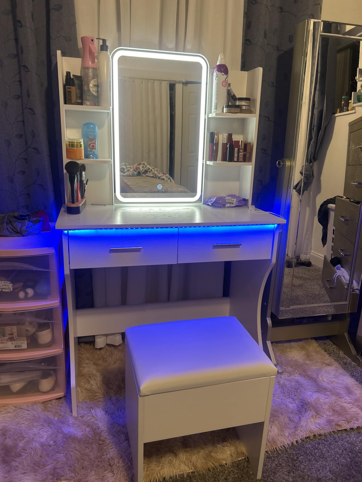Vanity Desk with LED Lights Mirror & Power Outlet, Small Makeup Vanity Table Set with Storage Drawers & Chair, 3 Lighting Modes & Adjustable Brightness, Dressing Table for Women Girls Bedroom, White customer photo 1