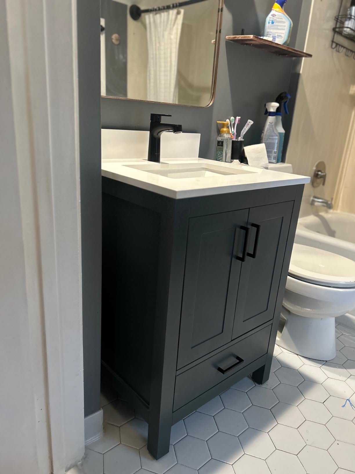Ayna Decors Rooh 60 in Charcoal Grey Double Sink Bathroom Vanity with White Quartz Countertop | 4 Soft Closing Doors | 5 Full Extention Soft Close Drawers | Black Hardware customer photo 1