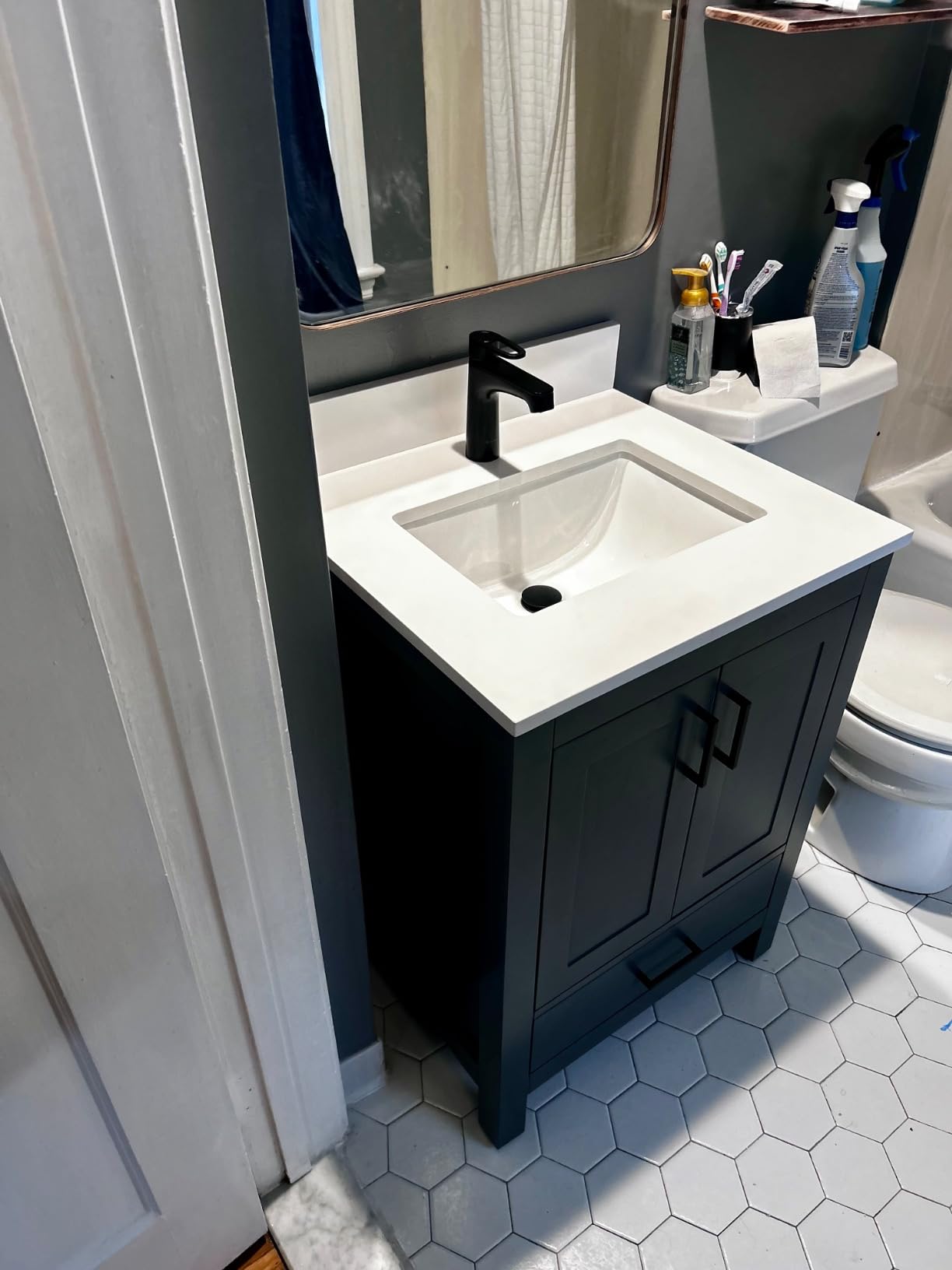 Ayna Decors Rooh 60 in Charcoal Grey Double Sink Bathroom Vanity with White Quartz Countertop | 4 Soft Closing Doors | 5 Full Extention Soft Close Drawers | Black Hardware customer photo 2