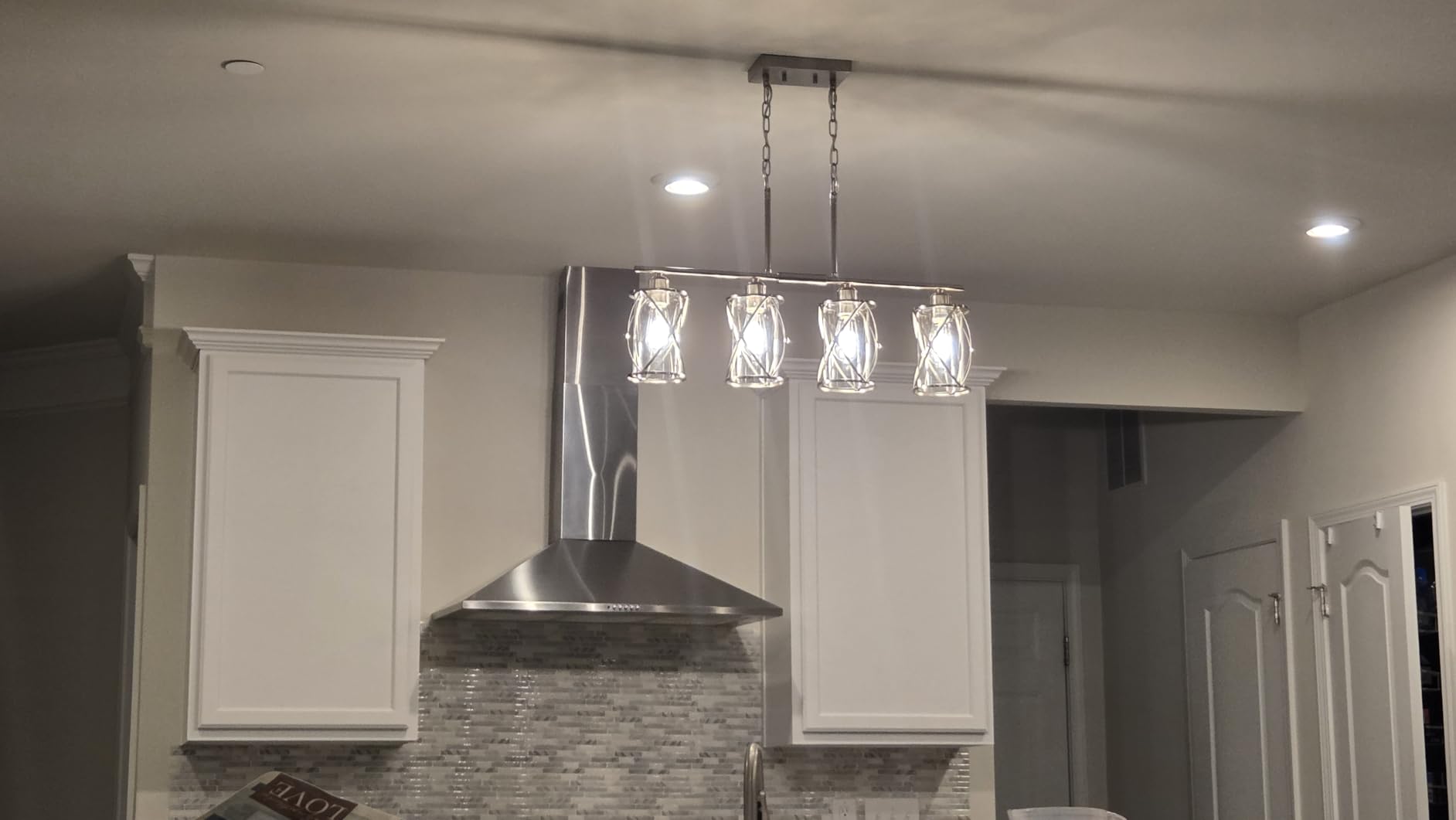 4-Light Kitchen Island Lighting, Modern Brushed Nickel Dining Room Light Fixtures with Clear Glass, Farmhouse Industrial Linear Chandelier Pendant Light with Adjustable Chain, CH9176BN-4IS customer photo 1