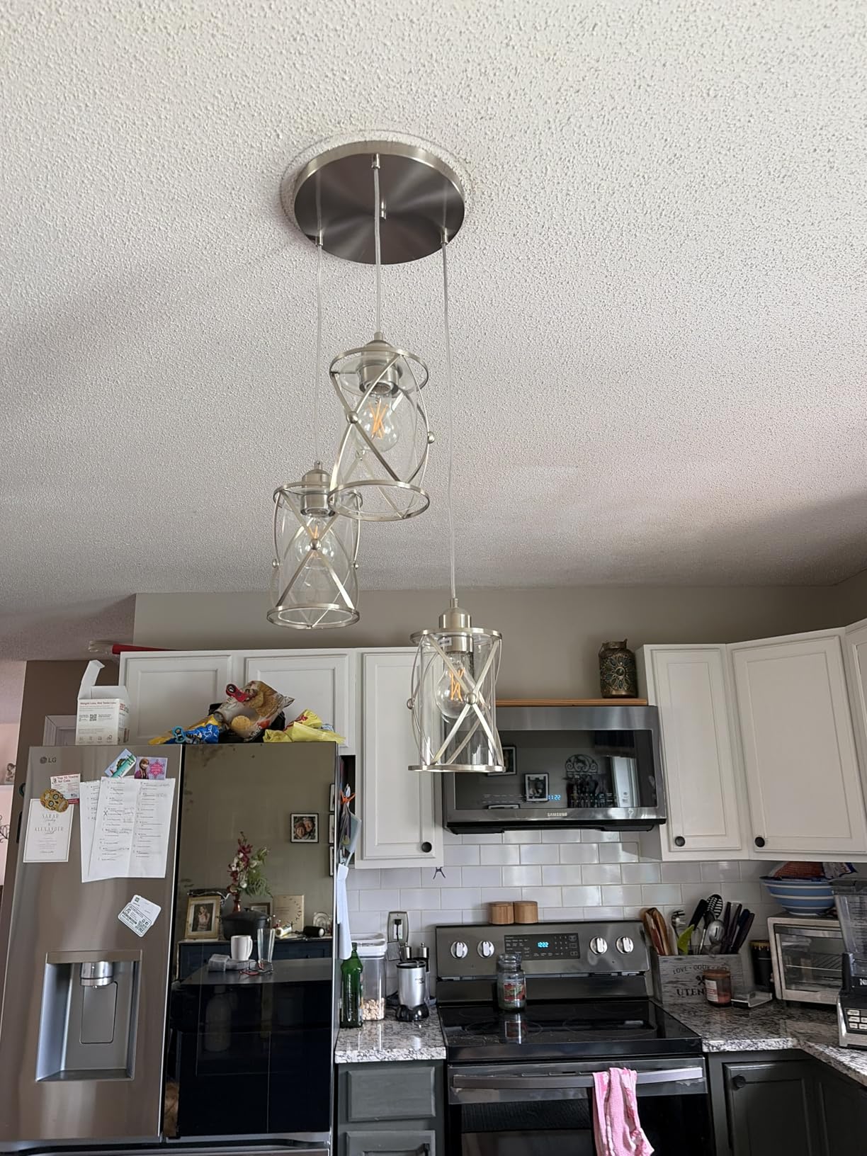 Brushed Nickel Pendant Lights Kitchen Island 3 Pack, Glass Kitchen Pendant Lighting Over Island with Rod, Modern Mini Hanging Light for Kitchen Sink Dining Room, CH9176BN-3PK customer photo 2