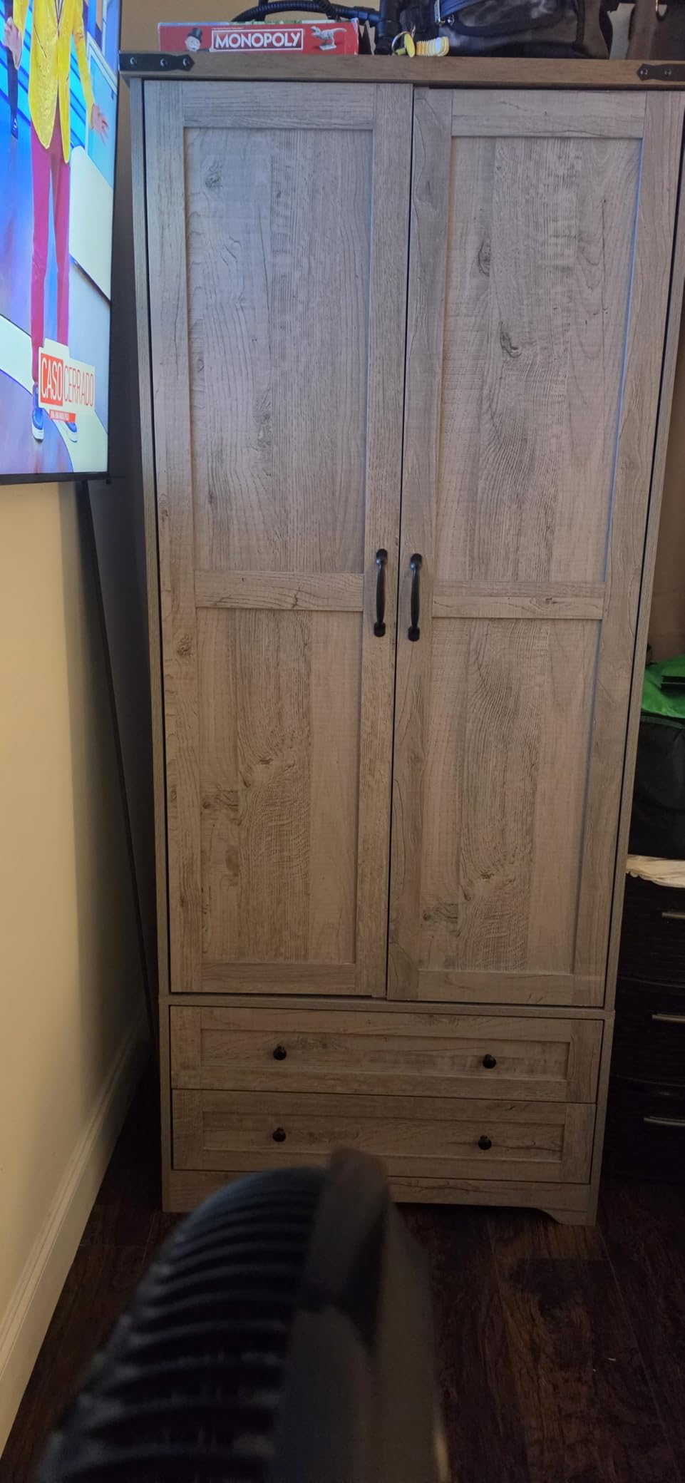 Brafab Wooden Armoire Wardrobe Closet with Drawers, Grey, 2 Doors, 71