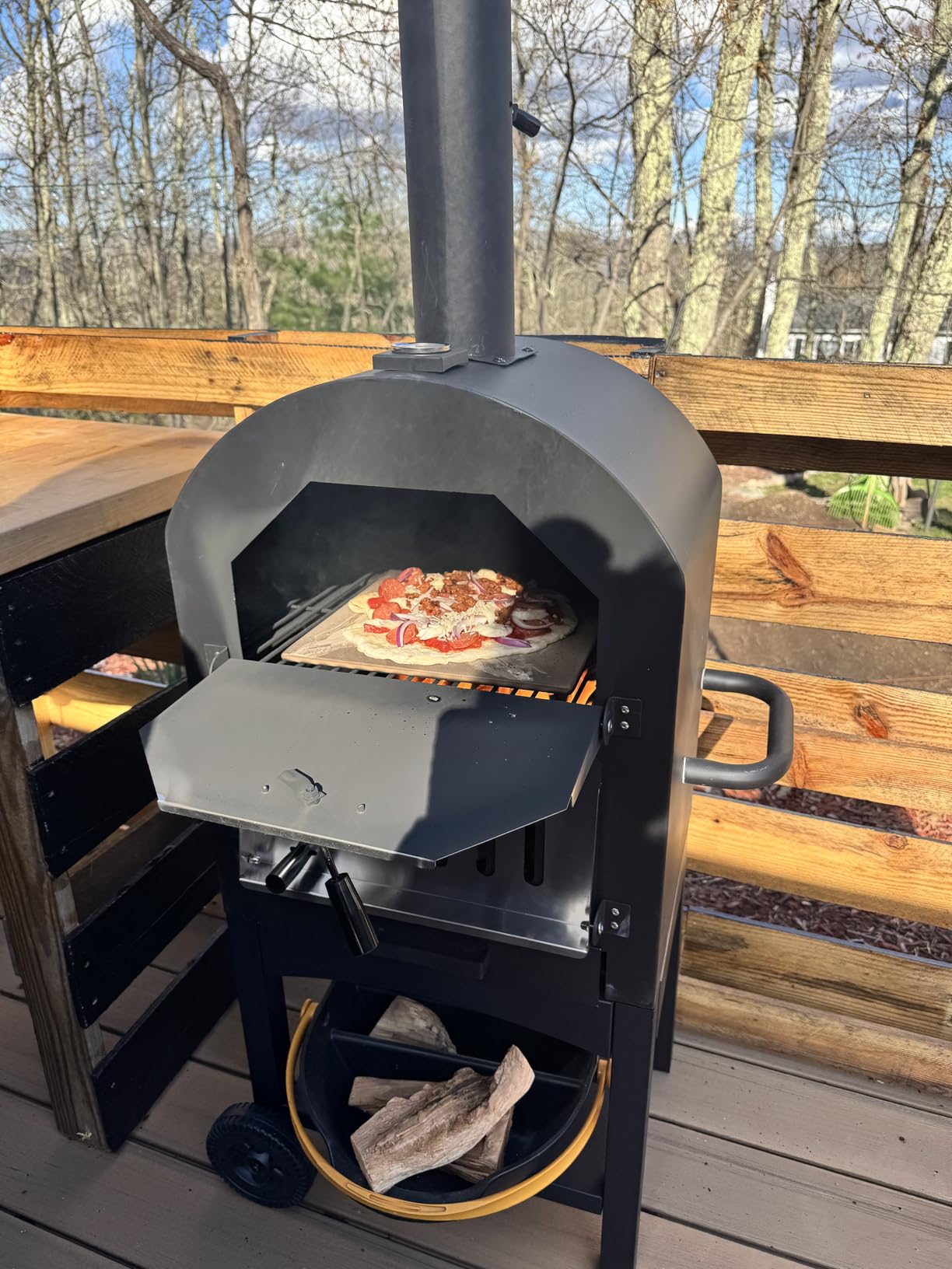 HAPPYGRILL Outdoor Wood Fired Pizza Oven w/Firewood Storage & Side Shelves | Portable Patio Pizza Maker with Pizza Stone & Peel, Side Shelves, 2 Cooking Grills & Thermometer for Backyard Party Camping customer photo 1