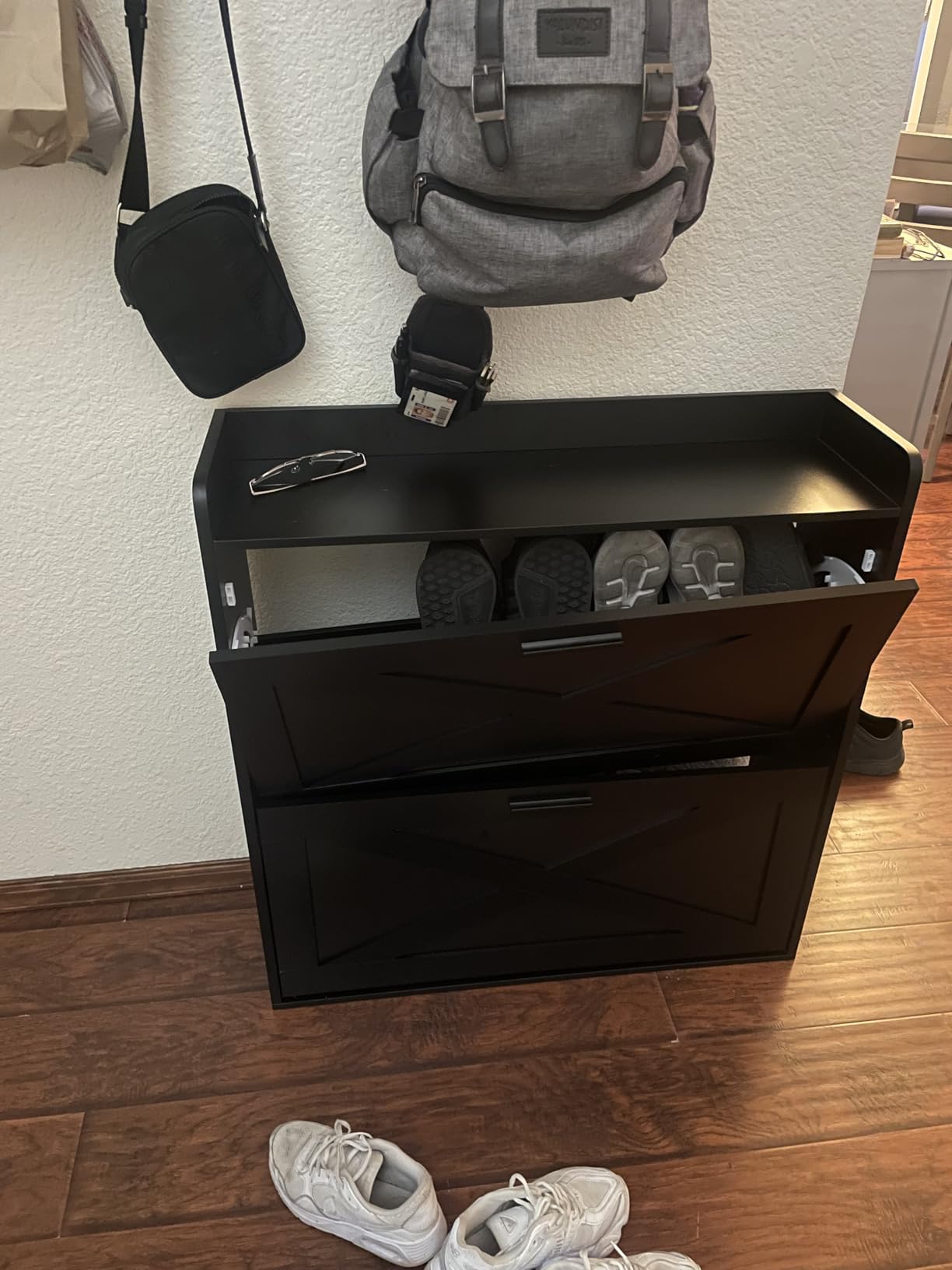 Homleke Farmhouse Shoe Storage Cabinet with Flip Drawers & Barn Door Design customer photo 2