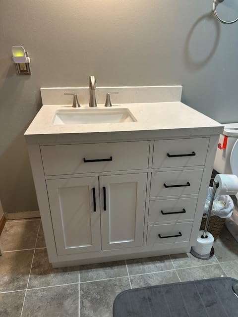 ARIEL Hepburn 36-inch Bathroom Vanity with Sink,Solid Wood, 1.5-inch Carrara White Quartz Countertop, Single Rectangular Porcelain Sink, 2 Soft Closing Doors, 5 Dovetail Drawers, White Oak customer photo 1