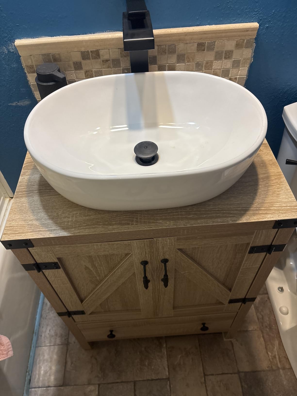 28 inch Natural Color Bathroom Vanity, Rustic Fixture Standing Pedestal Cabinet with Black Ceramic Vessel Sink customer photo 1