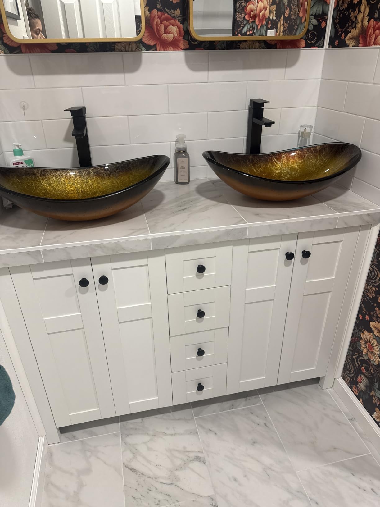 24 Inch White Bathroom Vanity with Marble Texture Top, Traditional Standing Pedestal Cabinet with Marble Boat Ceramic Sink customer photo 1
