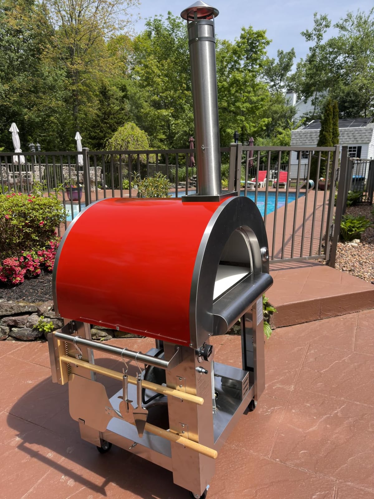 KOSTCH 32.5 inch Wood Fired and Propane Gas Pizza Oven for Outdoor Kitchen in Stainless Steel, Large Pizza Oven for Outside, Yard and Party (Red with Cover) customer photo 1