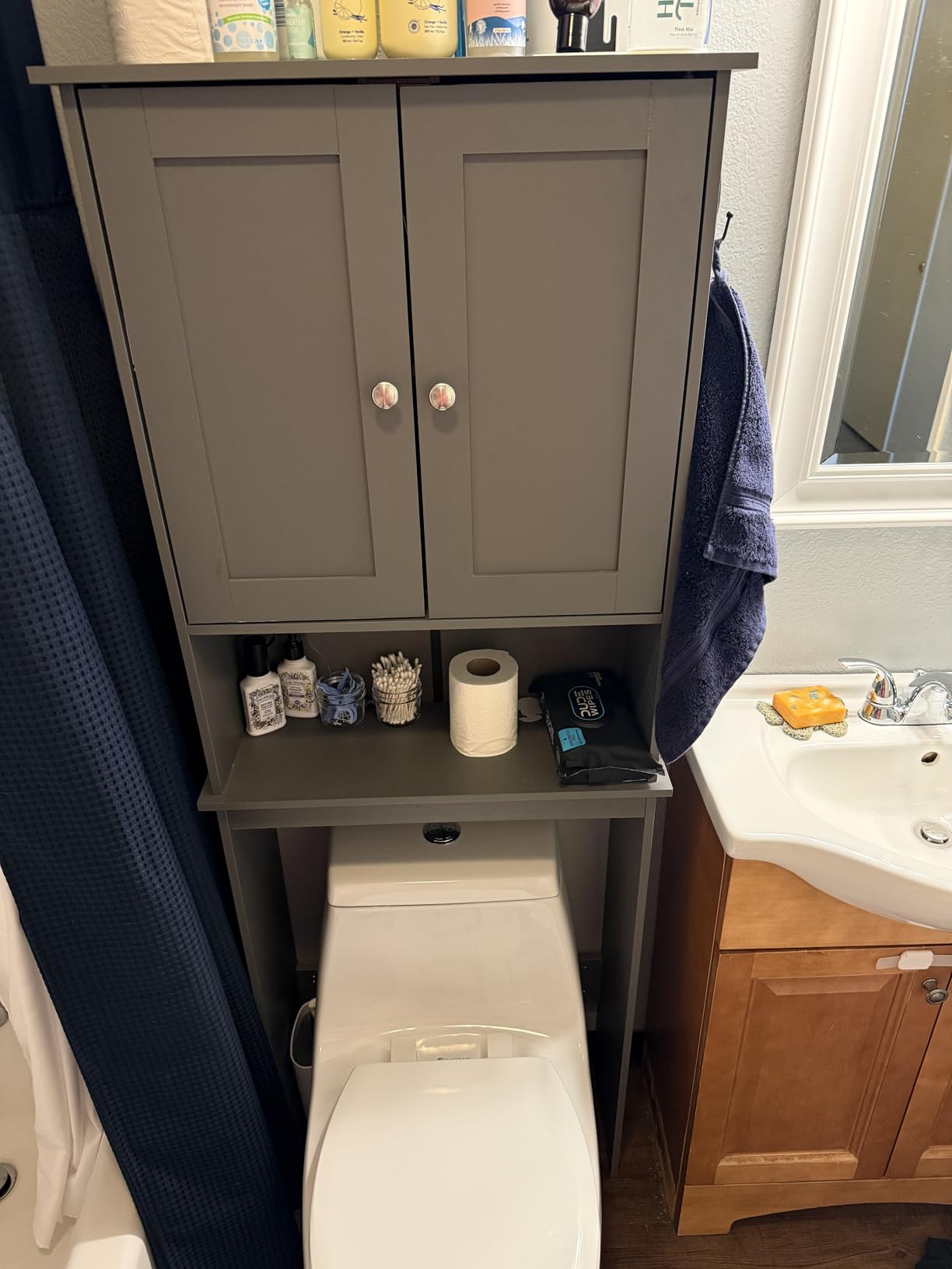 Shintenchi Over the Toilet Storage Cabinet, Bathroom Shelf Organizer with Anti-Tip Device Small Freestanding Space Saver with Adjustable Shelf，White customer photo 2
