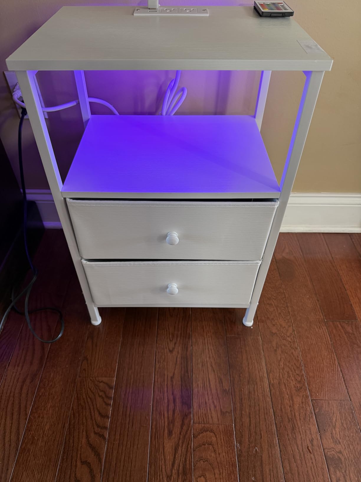 BOLUO White Nightstand with Charging Station, LED Night Stand with 2 Fabric Drawers, Bedside Table with USB Ports and Outlets, Nightstand for Bedroom Modern customer photo 1