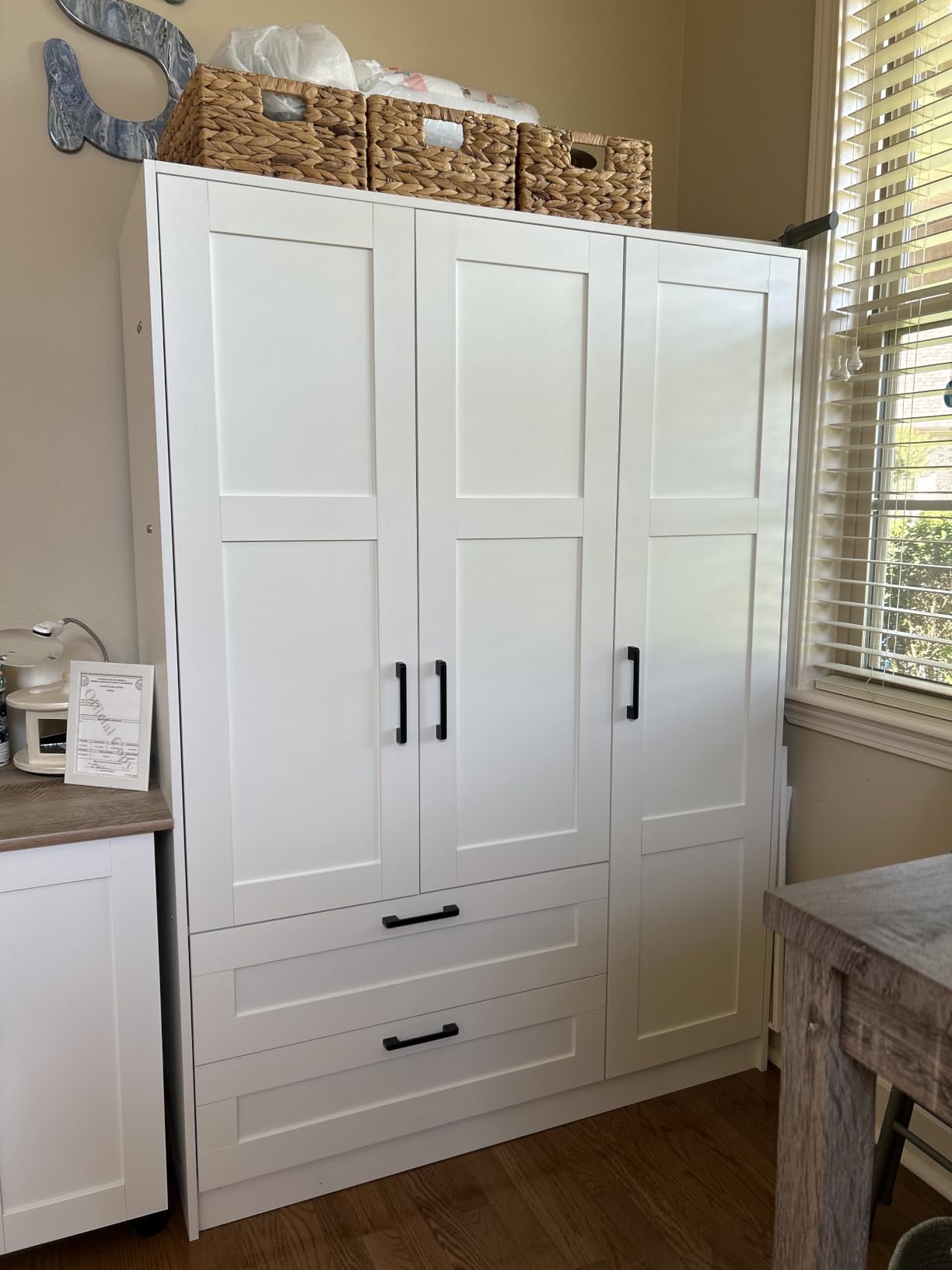 Fenghua Lizhi 3 Doors Wooden Wardrobe Closet Armoire, White Storage Cabinet for Hanging Clothes, Bedroom Large Capacity Freestanding Armoire,Wood Wardrobe Combination with Shelves (2drawer, White) customer photo 1