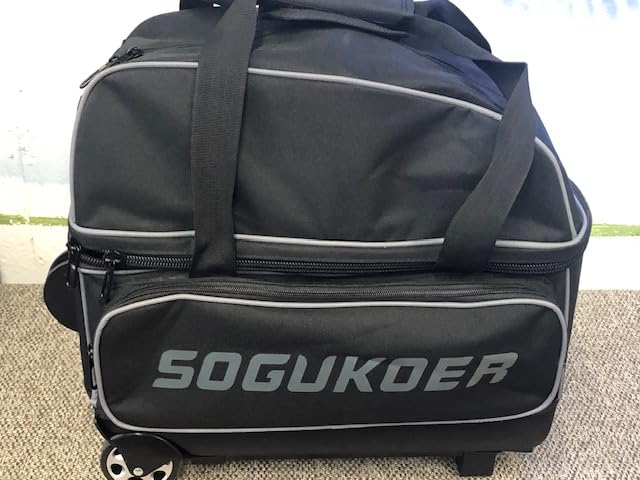 2 Bowling ball Bag with Wheels, Lightweight Trolley Double Ball Bowling bag with Large Separate Shoe Compartment and Oversized Accessory Pocket, Retractable Handle Extends To 39.5