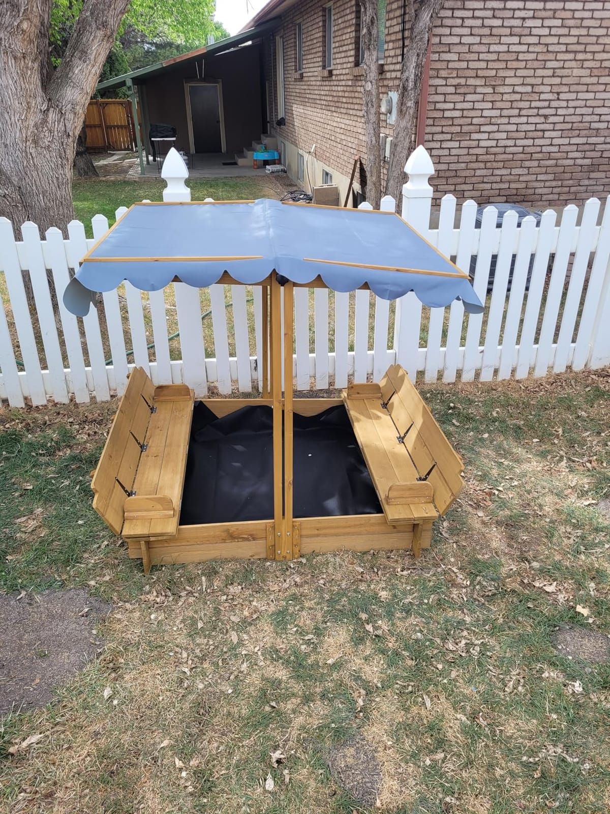 Kids Sandbox with Lid, Wooden Sand Box with Cover Outdoor, UV-Protection & Natural Wood, Foldable Bench Seat, Adjustable Canopy, Sand Box for Kids Ages 2-8(47x47in) customer photo 1