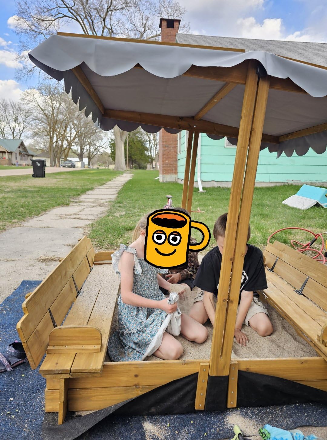Kids Sandbox with Lid, Wooden Sand Box with Cover Outdoor, UV-Protection & Natural Wood, Foldable Bench Seat, Adjustable Canopy, Sand Box for Kids Ages 2-8(47x47in) customer photo 2