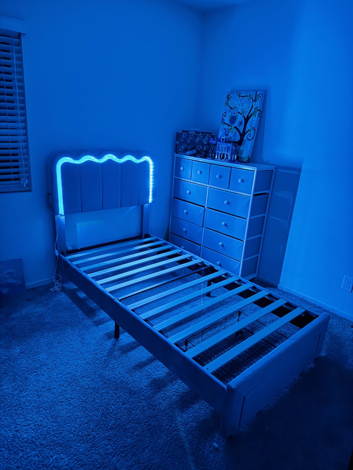Twin Upholstered LED Bed Frame with Storage Drawer and Adjustable Chic Double Wavy Headboard, Velvet Princess Platform Bed for Kids/Girls, Solid Wood Slats Support, No Box Spring Needed, Beige customer photo 1