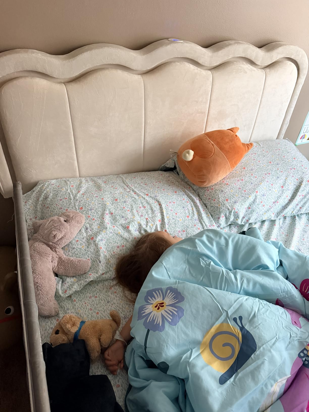 Twin Upholstered LED Bed Frame with Storage Drawer and Adjustable Chic Double Wavy Headboard, Velvet Princess Platform Bed for Kids/Girls, Solid Wood Slats Support, No Box Spring Needed, Beige customer photo 2