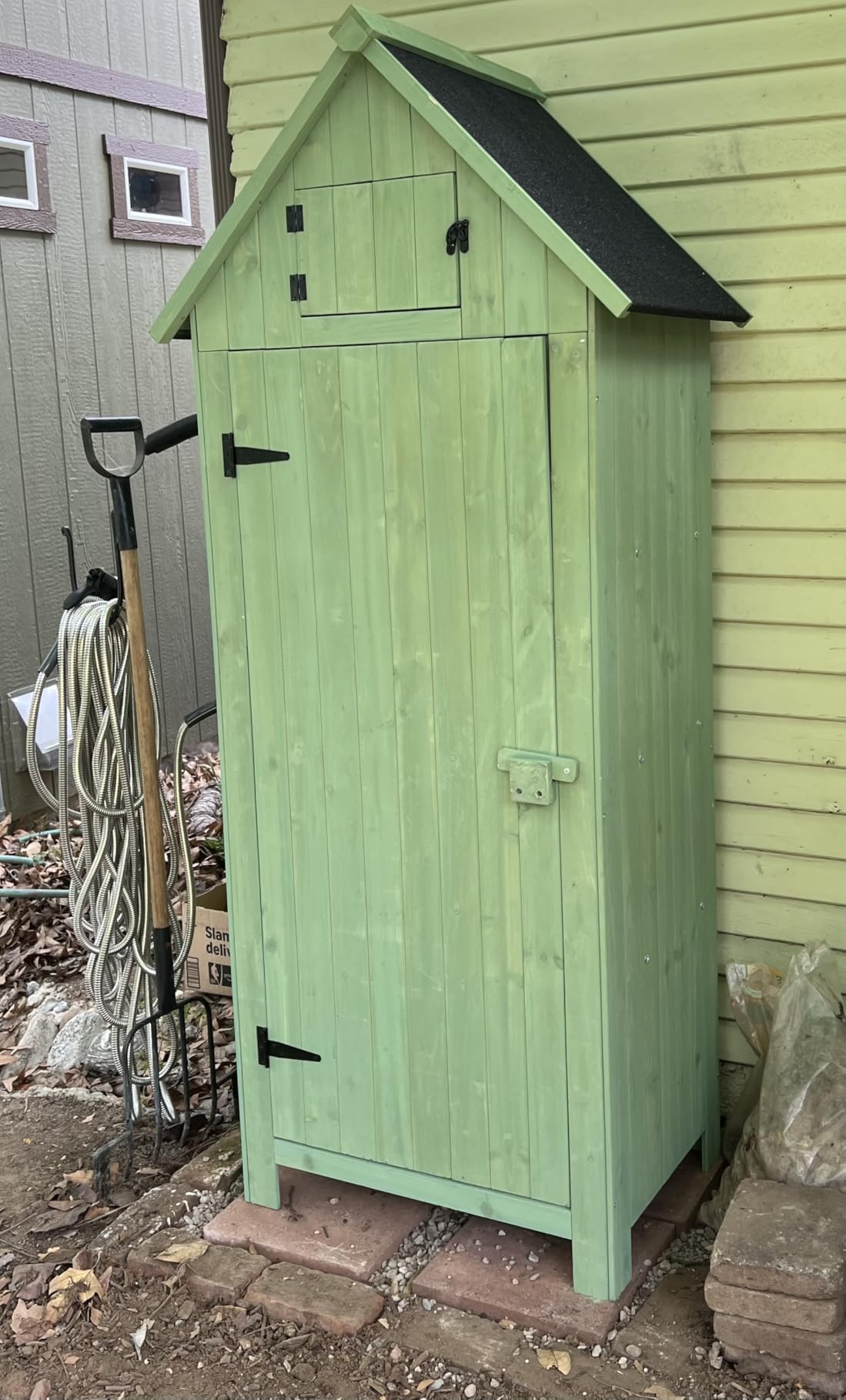 VINGLI Outdoor Wooden Storage Shed, Garden Shed Outside Tool Cabinet with Safety Latch, Patio Storage Organizer (Light Green) customer photo 2