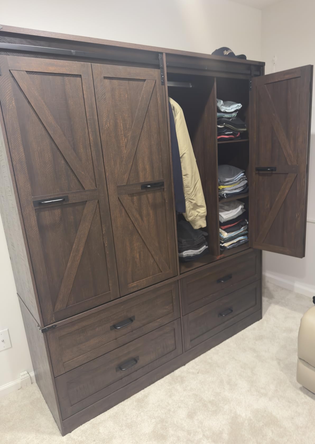 Farmhouse 4 Doors Armoire Wardrobe Closet w/Folding Sliding Barn Door and Lights, LED Armoire Closet w/Drawers for Bedroom, Freestanding Wooden Wardrobe Storage Closets w/Hanging Rod,Antique White customer photo 1