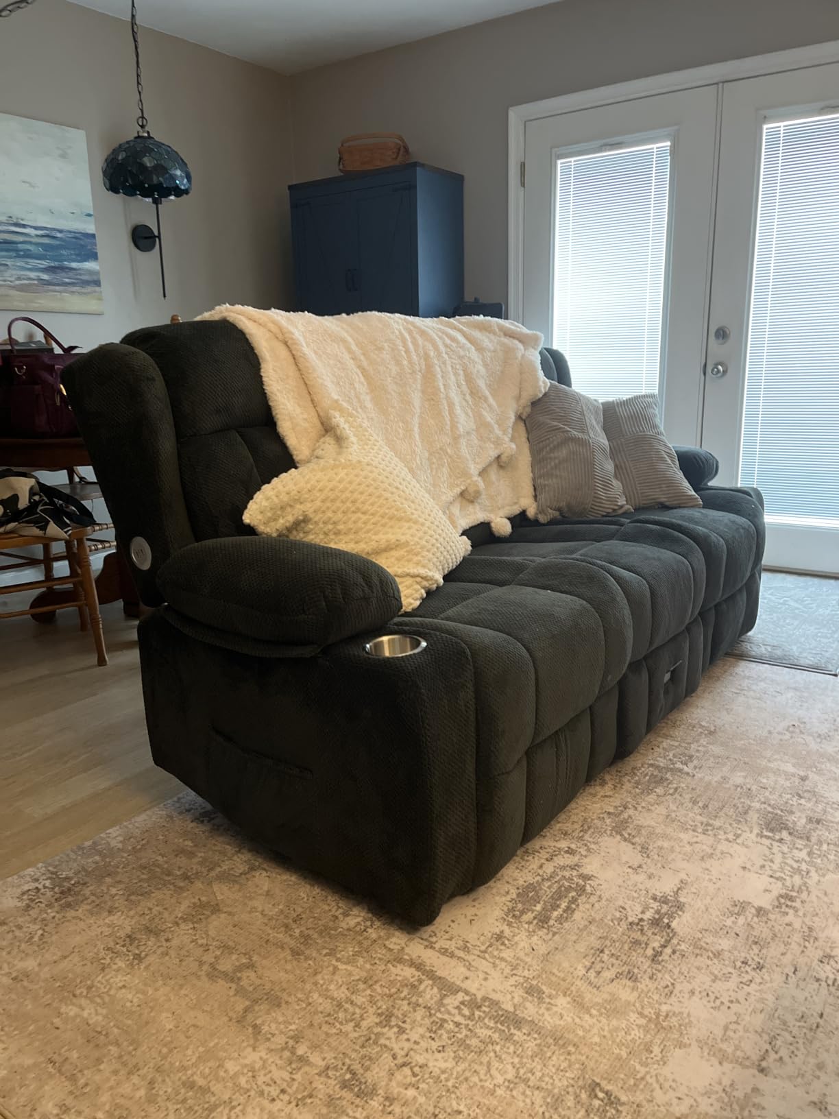 Dresegmt Loveseat Recliner Sofa, Flip Middle Backrest Design PU Leather 3 Seat Reclining Sofa with Storage Drawer, Manual Couch for Living Room/RV (Black, PU) customer photo 1