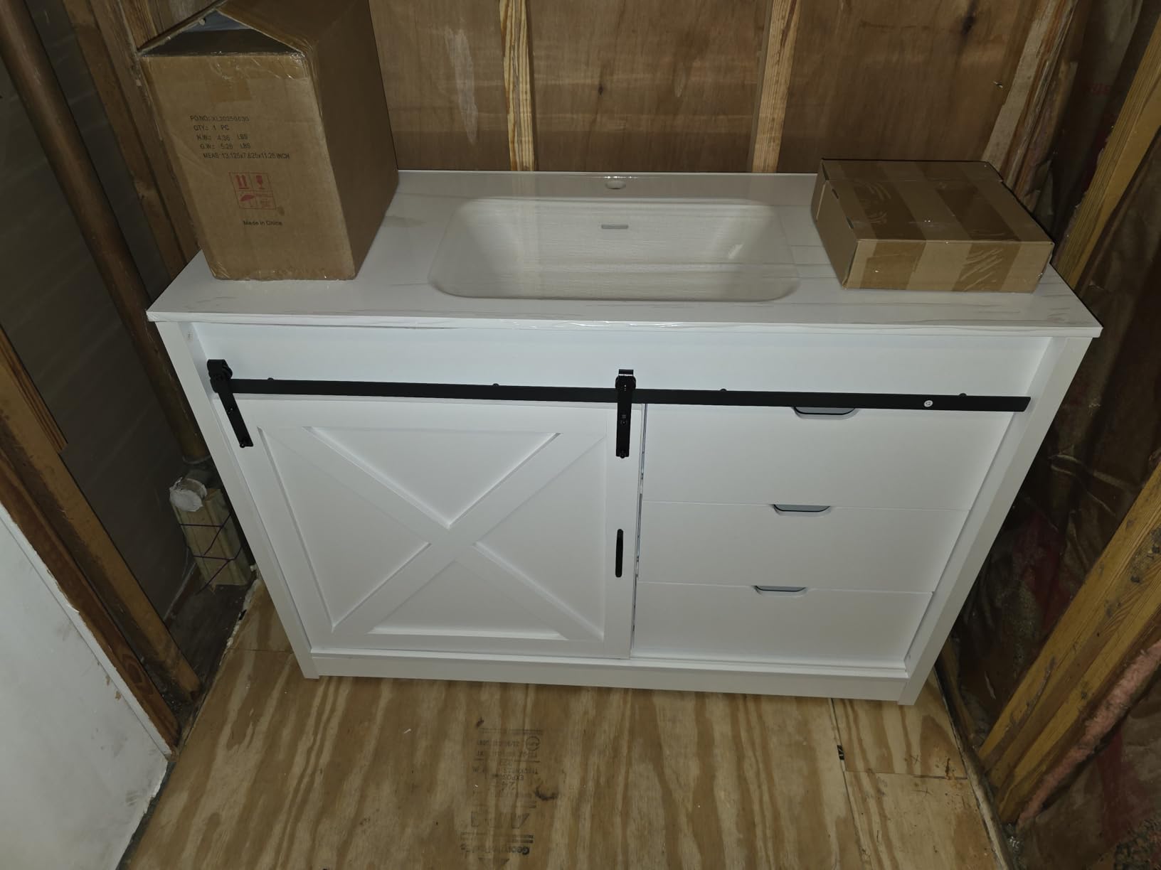 chartustriable 36 Inch Bathroom Vanity with Sink & Faucet & Mirror, Farmhouse Bathroom Vanity Cabinet Set with Sliding Barn Door & Drawers, Small Single Bath Storage Vanity Sink, Grey customer photo 2