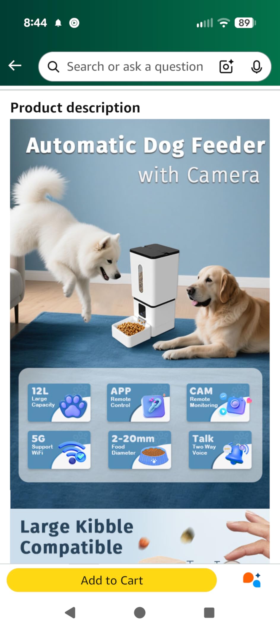 Automatic Dog Feeder Large Breed: 12L/50 Cup Capacity for Kibble up to 20mm | Anti-Clog Dog Food Dispenser - HD 1080P Camera for Remote Mealtime Check-Ins - WiFi App Scheduling Easy Setup by Yakry customer photo 2