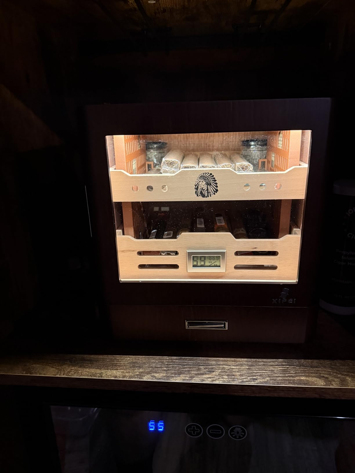XIFEI Cigar Humidor Cabinet, Glass Top & Adjustable LED Lighting, Digital Hygrometer, 2 Humidifiers, Cigar Tube, Desktop Cedar Wood Humidor with Accessory Drawer for 80-100 Cigars, Ideal Men's Gift customer photo 1