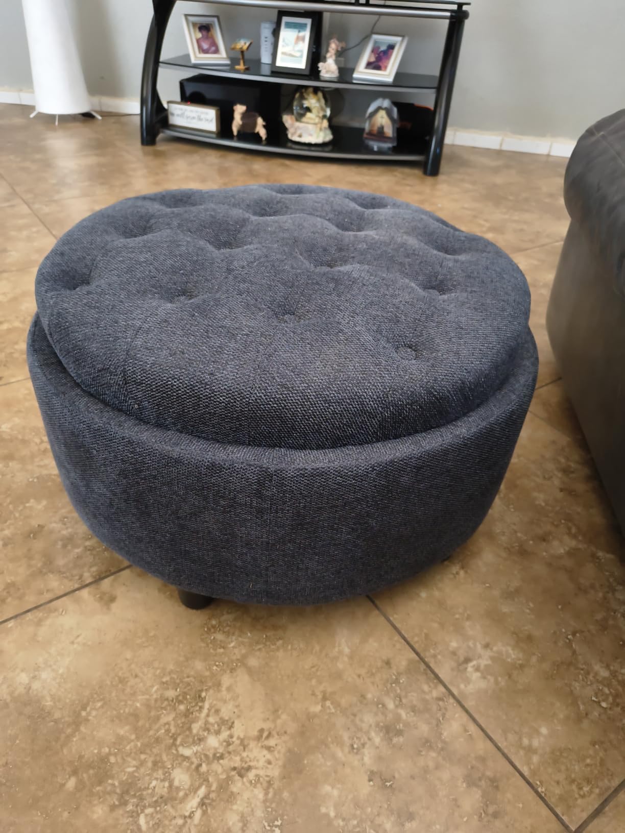 COLAMY Fabric Round Storage Ottoman with Reversible Tray Lid – Multi-Functional Footrest, Hidden Storage, Sturdy & Stylish Small Coffee Table for Living Room, Bedroom, or Entryway(Dark Grey) customer photo 2