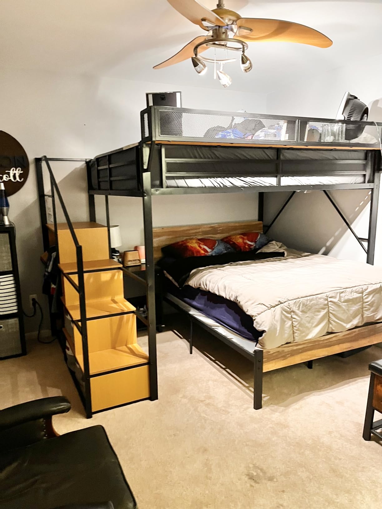 Mirightone Queen Size Loft Bed with Stairs and Storage, Metal Loft Bed Frame with Bedside Shelf and Large Under-Bed Space, Heavy-Duty Loft Beds for Adults Teens and Kids, Convertible Staircase, White customer photo 2