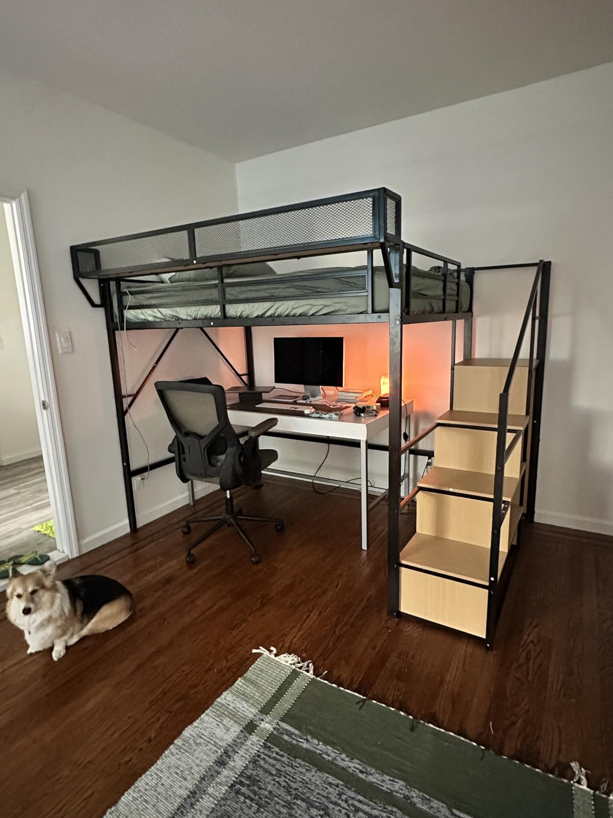 Mirightone Full Size Loft Bed with Stairs and Storage, Metal Loft Bed Frame with Bedside Shelf and Large Under-Bed Space, Heavy-Duty Loft Beds for Adults Teens and Kids, Convertible Staircase, White customer photo 1