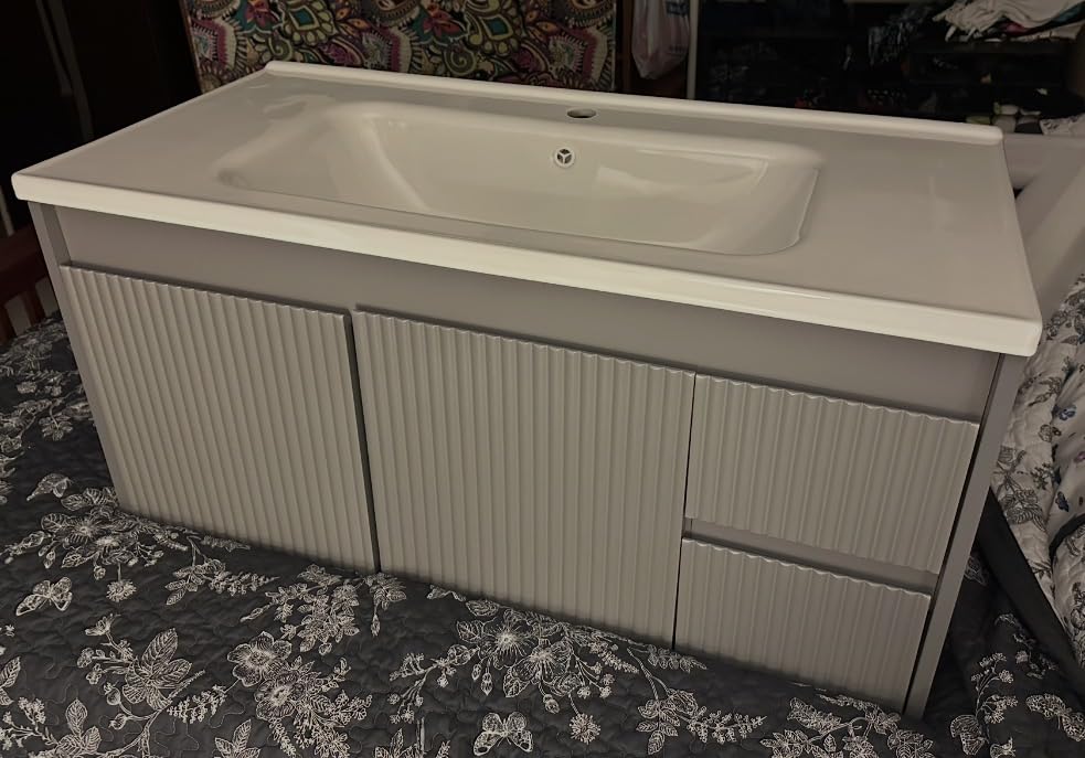 Smhxo Floating Bathroom Vanity with Sink, 40 Inch Wall Mounted Bathroom Vanity with 2 Drawers and Wave-Carved Design Door, Modern Wooden Cabinet with Ceramic Sink and Storage, Grey customer photo 1