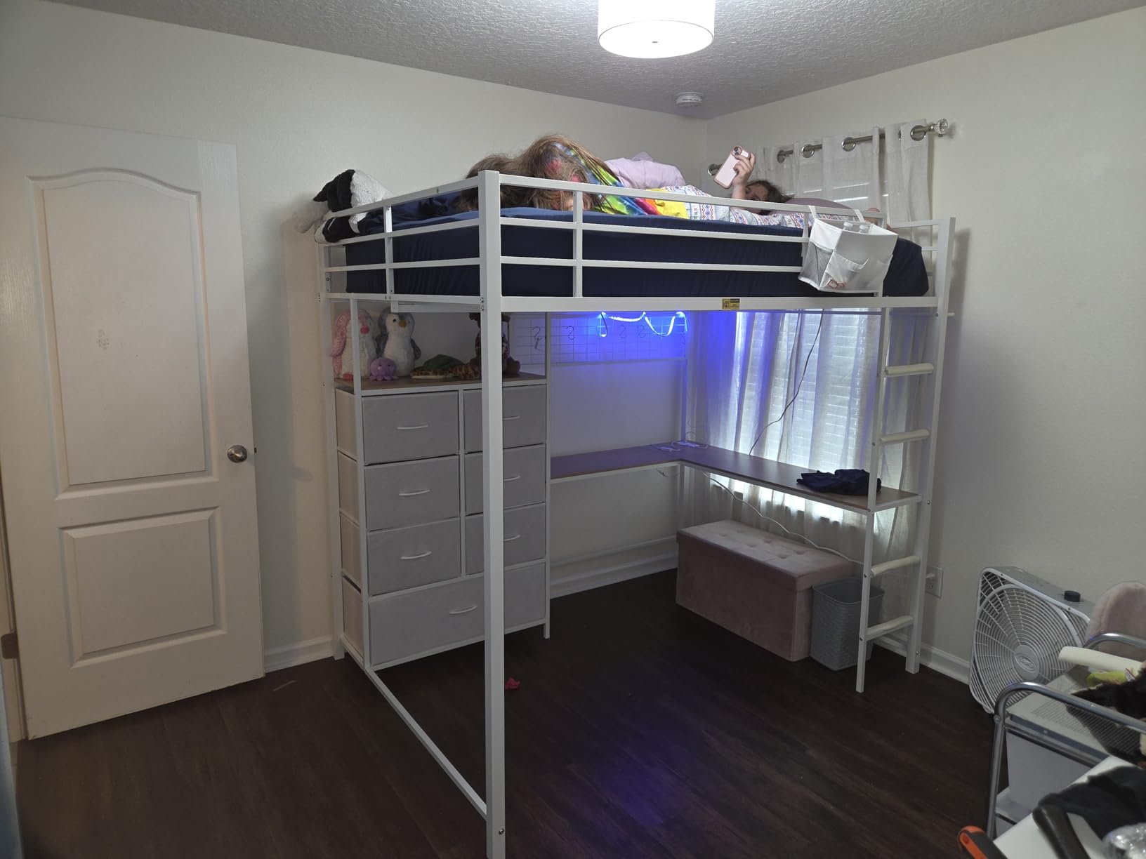 DICTAC Twin Size Loft Bed with L-Shaped Desk and 7 Storage Drawers,Metal Twin Loft Bed for Kids with LED Lights and Charging Station,13.11