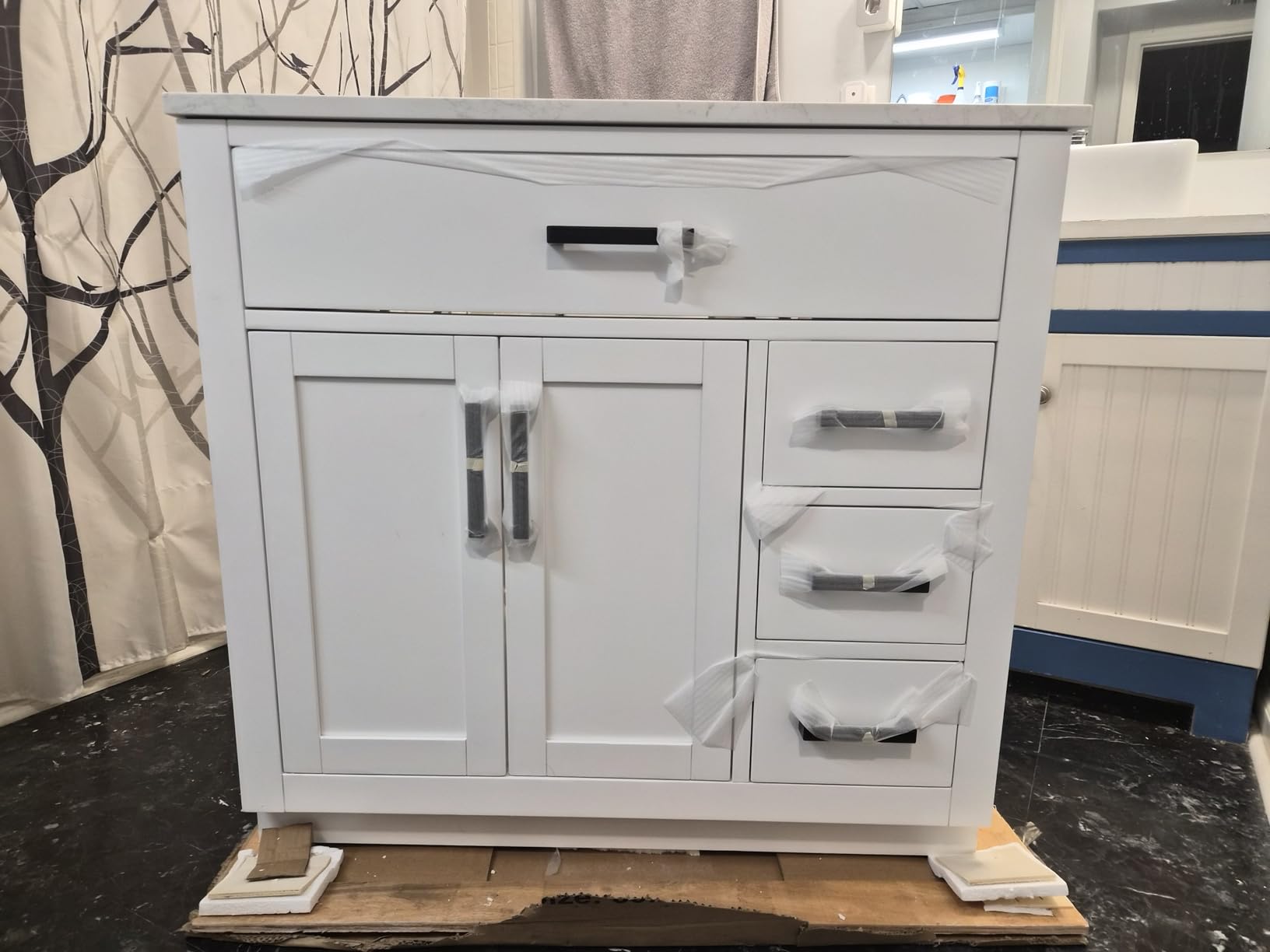 60-inch Dark Walnut Bathroom Vanity with 2 Sinks, Solid Wood, 0.79-inch Stone Countertop and Backsplash, 6 Drawers, 4 Soft Closing Doors customer photo 1