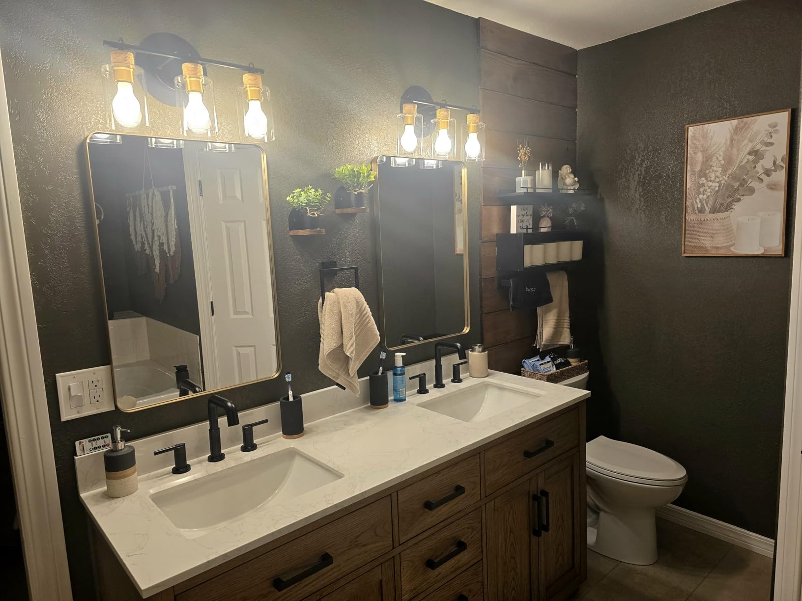 48-inch Dark Walnut Bathroom Vanity with Sink, Solid Wood, 0.79-inch Stone Countertop and Backsplash, 9 Drawers, 2 Soft Closing Doors customer photo 2